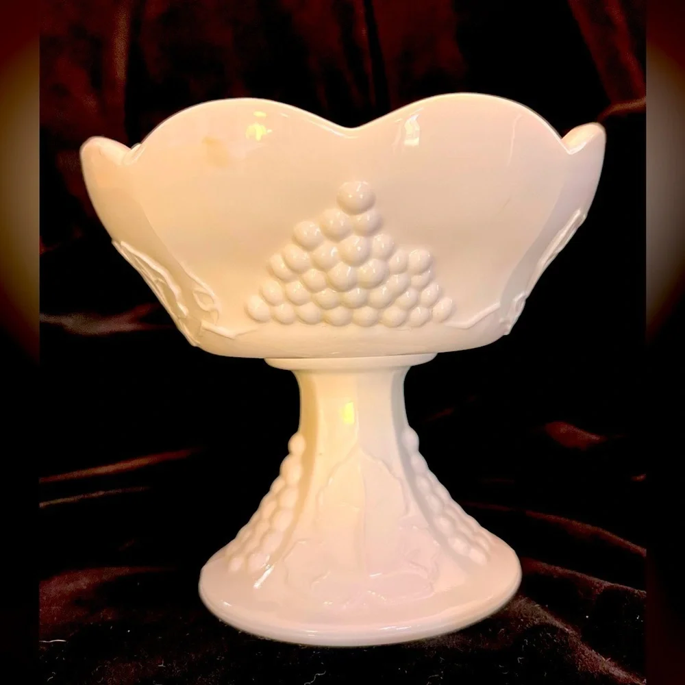 Indiana Glass Colony Harvest White Milk Glass Pedestal Candle Holder Grape VTG